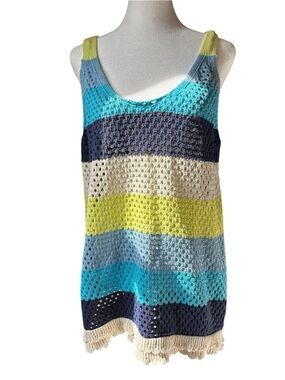 Boho Resort Style Design365 100% Cotton Crochet Tank Top Colorblock Striped  1X